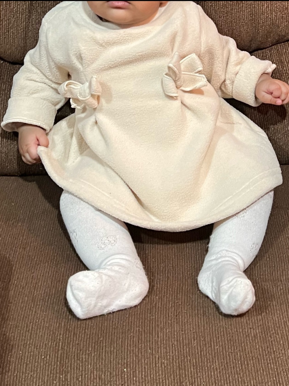 Girls' Cream Long-Sleeve Bow Dress